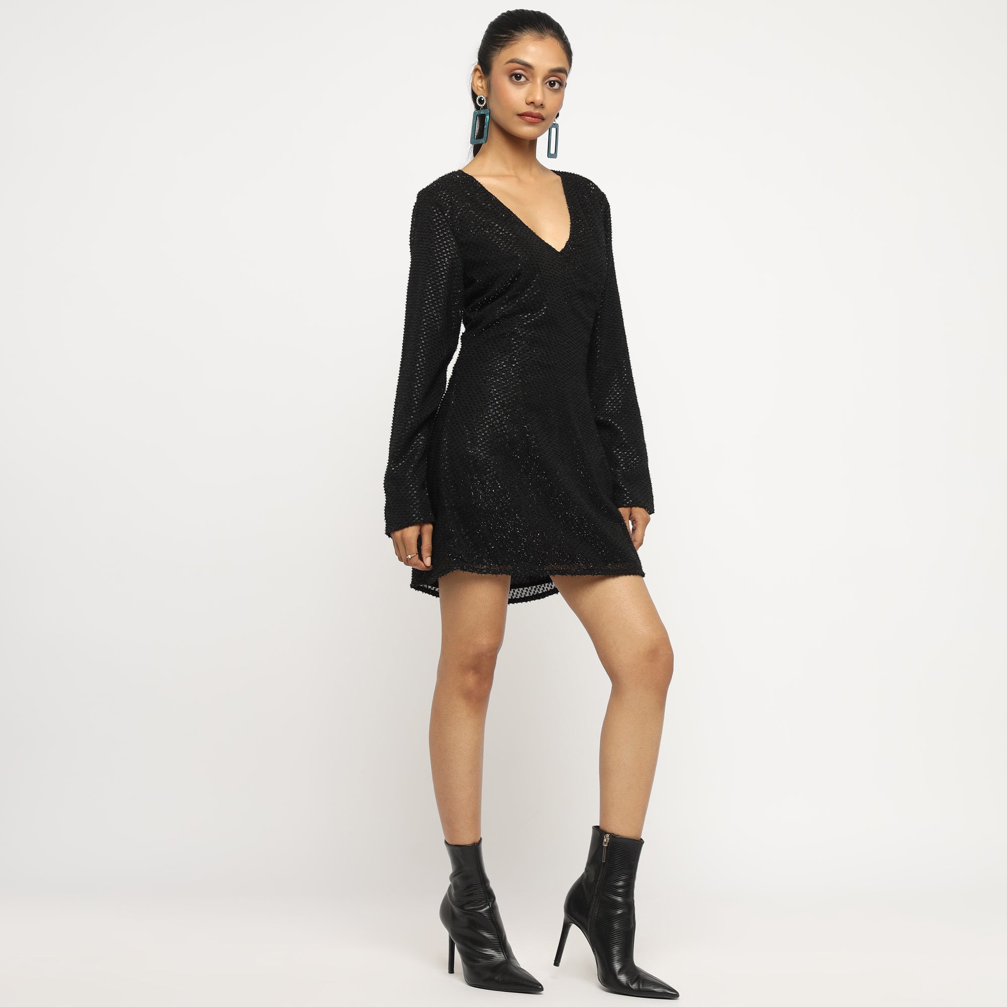 Black Long Sleeve Shimmer Mini Dress